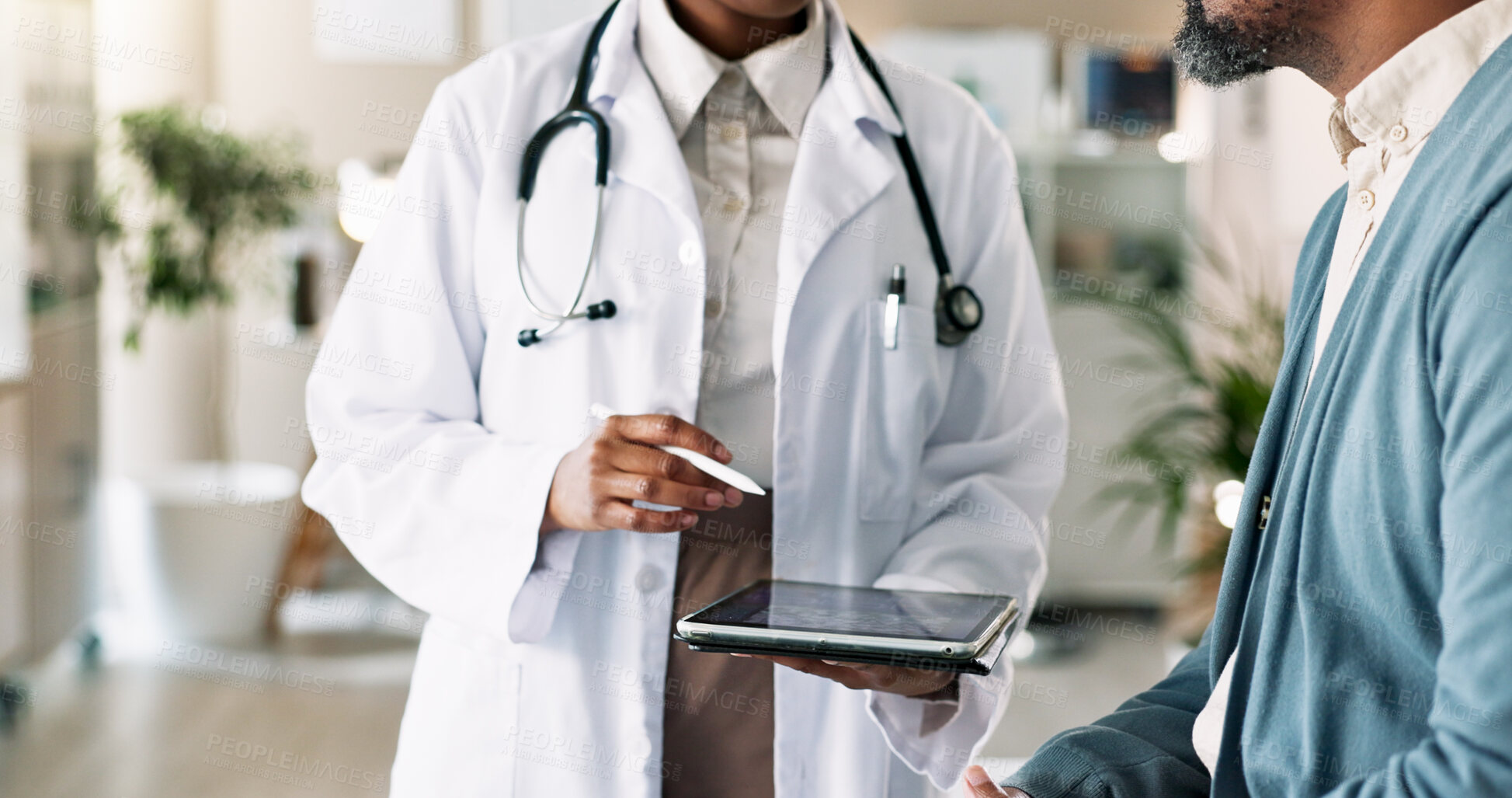 Buy stock photo Tablet, hands and patient with doctor in clinic for checkup with cold, flu and sickness symptoms. Digital technology, conversation and person with healthcare worker for medical diagnosis in hospital.