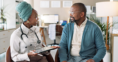 Buy stock photo African patient, tablet and talking to happy doctor for healthcare, insurance or excellent exam results. People, technology and medical worker in consultation for wellness, checkup and help in clinic