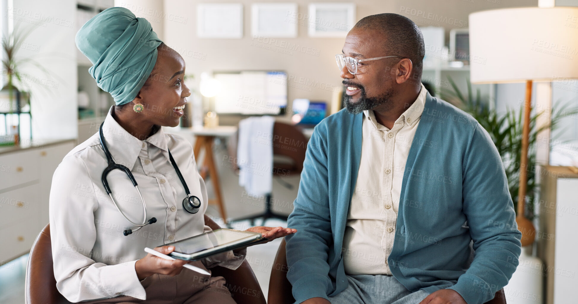 Buy stock photo African patient, tablet and talking to happy doctor for healthcare, insurance or excellent exam results. People, technology and medical worker in consultation for wellness, checkup and help in clinic