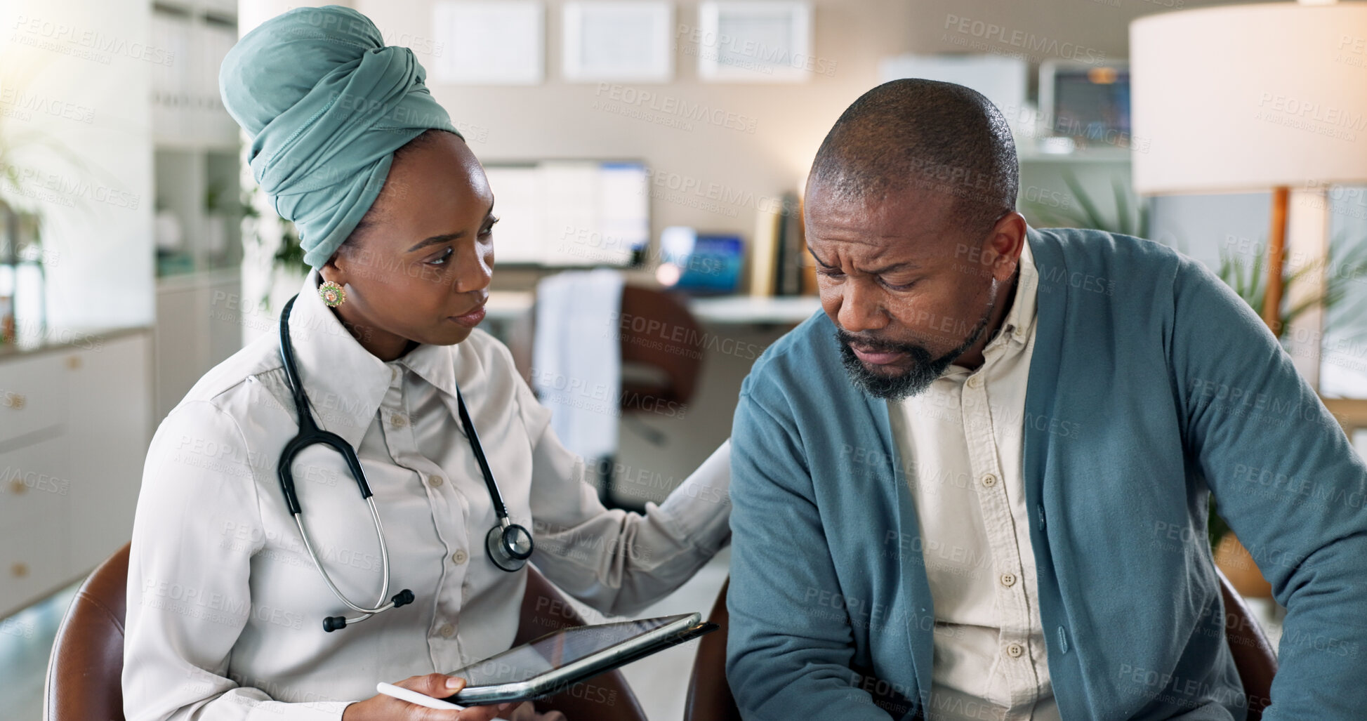 Buy stock photo Doctor, tablet and comfort patient for healthcare, cancer diagnosis or bad news. Medical worker, technology and support sad African person in consultation for help or empathy and kindness in clinic