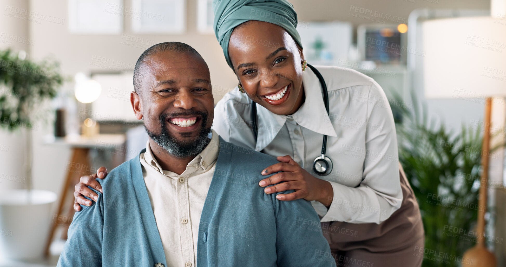 Buy stock photo Smile, consultation and portrait of doctor with patient in hospital for wellness advice or exam. Happy, checkup and black man with healthcare worker for medical checkup appointment in clinic.