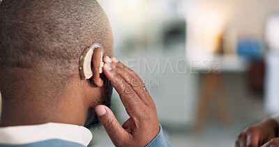 Buy stock photo Man, ear and hearing aid with hands, medical support and care with implant for sound and audio. Deaf, back and check of patient with a disability in hospital for technology and device installation