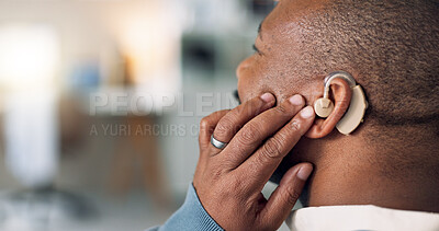 Buy stock photo Man, ear and hearing aid with healthcare, medical support and care with implant for sound and audio. Deaf, back and check of patient with a disability in hospital for technology and wellness device