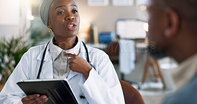 Buy stock photo Black woman, doctor or tablet with patient for checkup, throat infection or swollen lymph nodes at clinic. Young African, female person or medical employee with client on technology for health advice