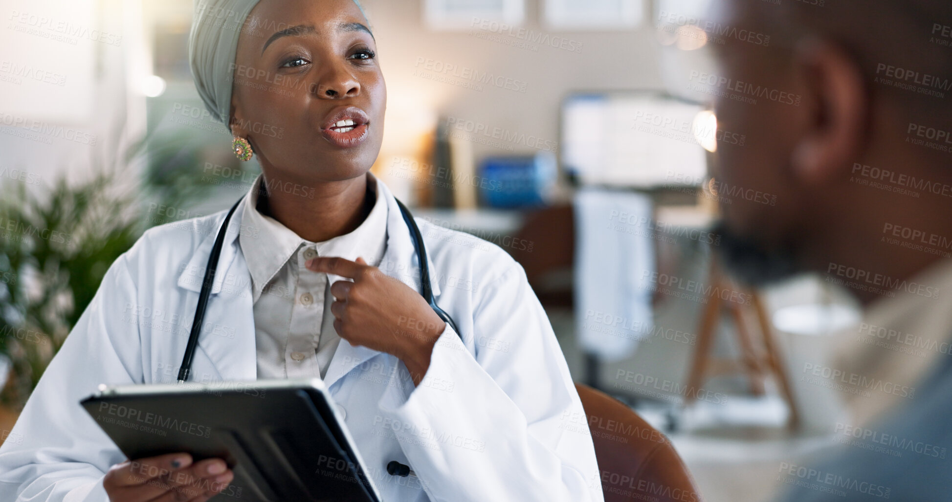 Buy stock photo Black woman, doctor or tablet with patient for checkup, throat infection or swollen lymph nodes at clinic. Young African, female person or medical employee with client on technology for health advice