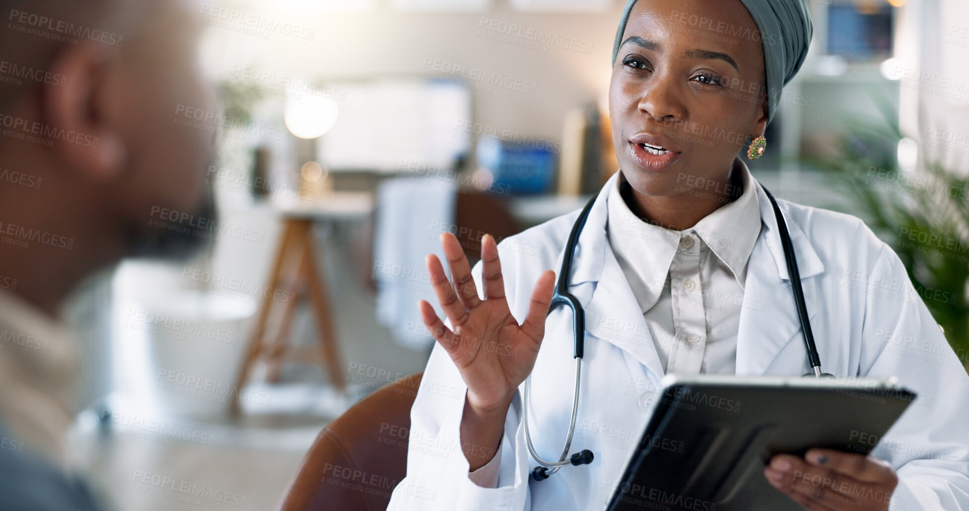 Buy stock photo Black woman, doctor and tablet with consultation, medical and digital patient results with advice. Wellness, healthcare and professional at clinic with communication and explain a heart surgery plan