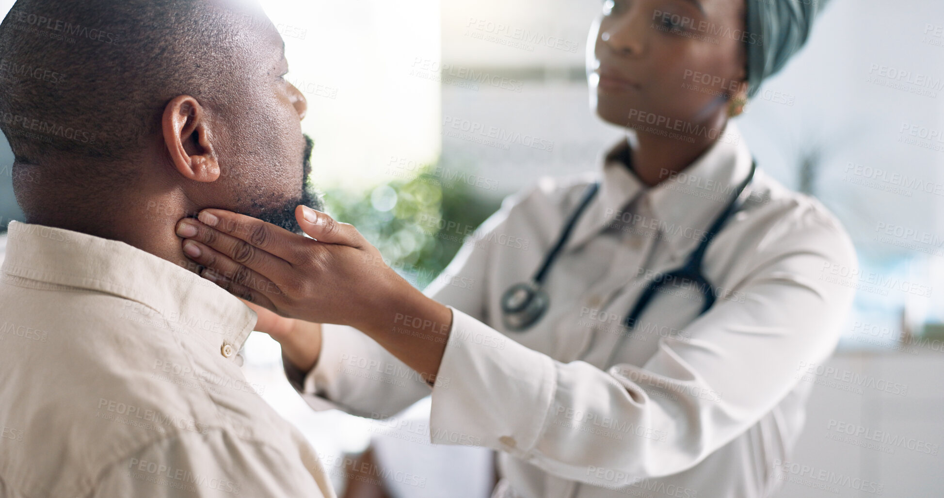 Buy stock photo Hands, doctor and check throat of patient for thyroid exam, touch tonsils and healthcare with African people. Endocrinologist, test neck and diagnosis in hospital consultation for medical wellness