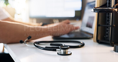 Buy stock photo Doctor, hands and computer with stethoscope on telehealth, cardiology and digital consultation in hospital office. Healthcare, wellness and medical professional with heart care, equipment and online