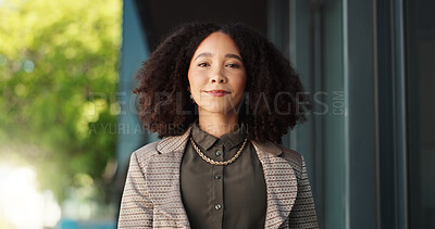 Buy stock photo Smile, city and portrait of business woman with confidence, ambition and company pride on balcony. Corporate, professional worker and person in urban town for career, b2b consultant and job in London