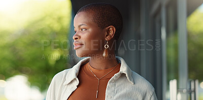 Buy stock photo Business, black woman and thinking on balcony at office building for ideas, planning and company. Female person, vision and smile as employee, realtor and professional for real estate agency in city