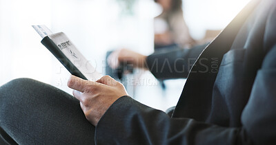 Buy stock photo Passport, travel and hands of business person in airport lounge for networking event, global conference and flight. Trade show, schedule and layover with closeup and ticket in lobby for boarding pass