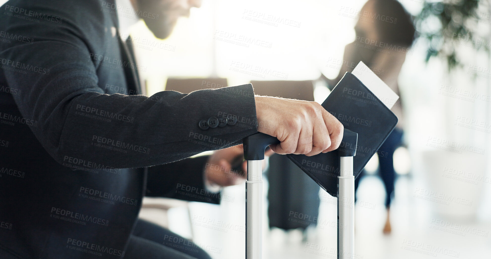 Buy stock photo Travel, businessman and hand in airport with passport, luggage and waiting in boarding lounge. Person, suitcase and sitting in terminal for delayed flight, opportunity abroad and international work