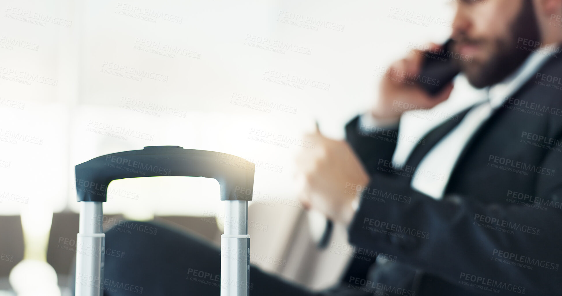 Buy stock photo Phone call, luggage and business man in airport lounge for networking event, global conference and convention. Trade show, online schedule and layover with person and suitcase in lobby for summit