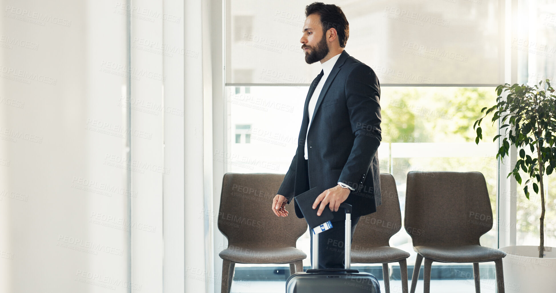 Buy stock photo Thinking, travel and business man in airport lounge for networking event, global conference and convention. Trade show, reflection and layover with person and suitcase in lobby for summit and vision