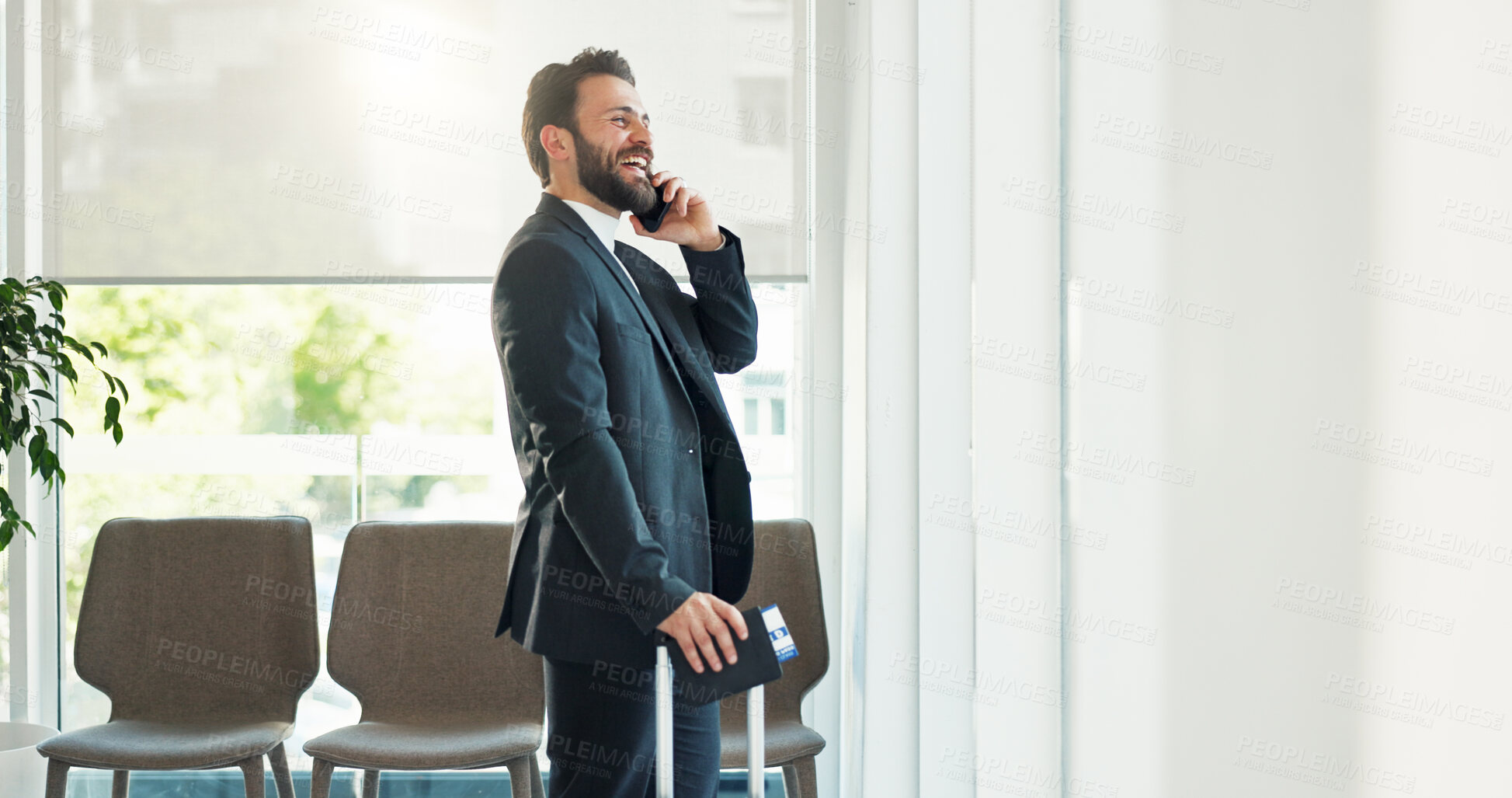 Buy stock photo Phone call, laughing and business man in airport lounge for networking event, global conference or communication. Tradeshow, funny and travel with person and suitcase in lobby for summit and contact