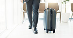 Airport, legs and waiting area with luggage for business travel, international trip or immigration. Male person, layover and departures for flight schedule or visa with destination, terminal or lobby