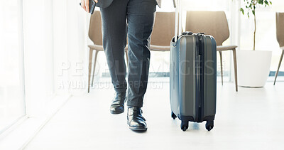 Buy stock photo Airport, legs and waiting area with luggage for business travel, international trip or immigration. Male person, layover and departures for flight schedule or visa with destination, terminal or lobby