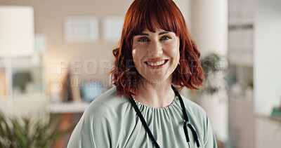 Buy stock photo Portrait, woman and doctor in office, smile and confidence with career ambition. Face, medical and professional with pride, healthcare and cheerful with stethoscope, medicare and joyful in hospital