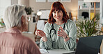 Doctor, senior patient or women talking for results or notes for checkup, diagnosis and consulting. Mature person, explain or healthcare worker speaking for filling paperwork or medical documents