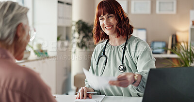 Buy stock photo Hospital, prescription and doctor with senior patient for consulting, medical service and medicine paperwork. Healthcare, clinic and woman with person for insurance forms, diagnosis and results