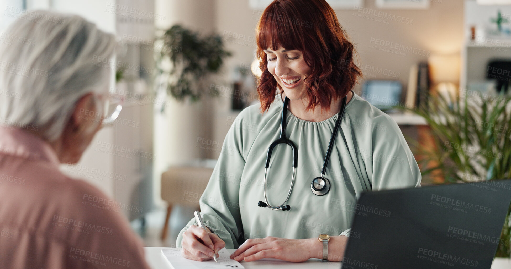 Buy stock photo Doctor, senior patient or writing prescription, results or notes for checkup, diagnosis or consulting. Mature female person, medical or healthcare worker filling paperwork or life insurance documents