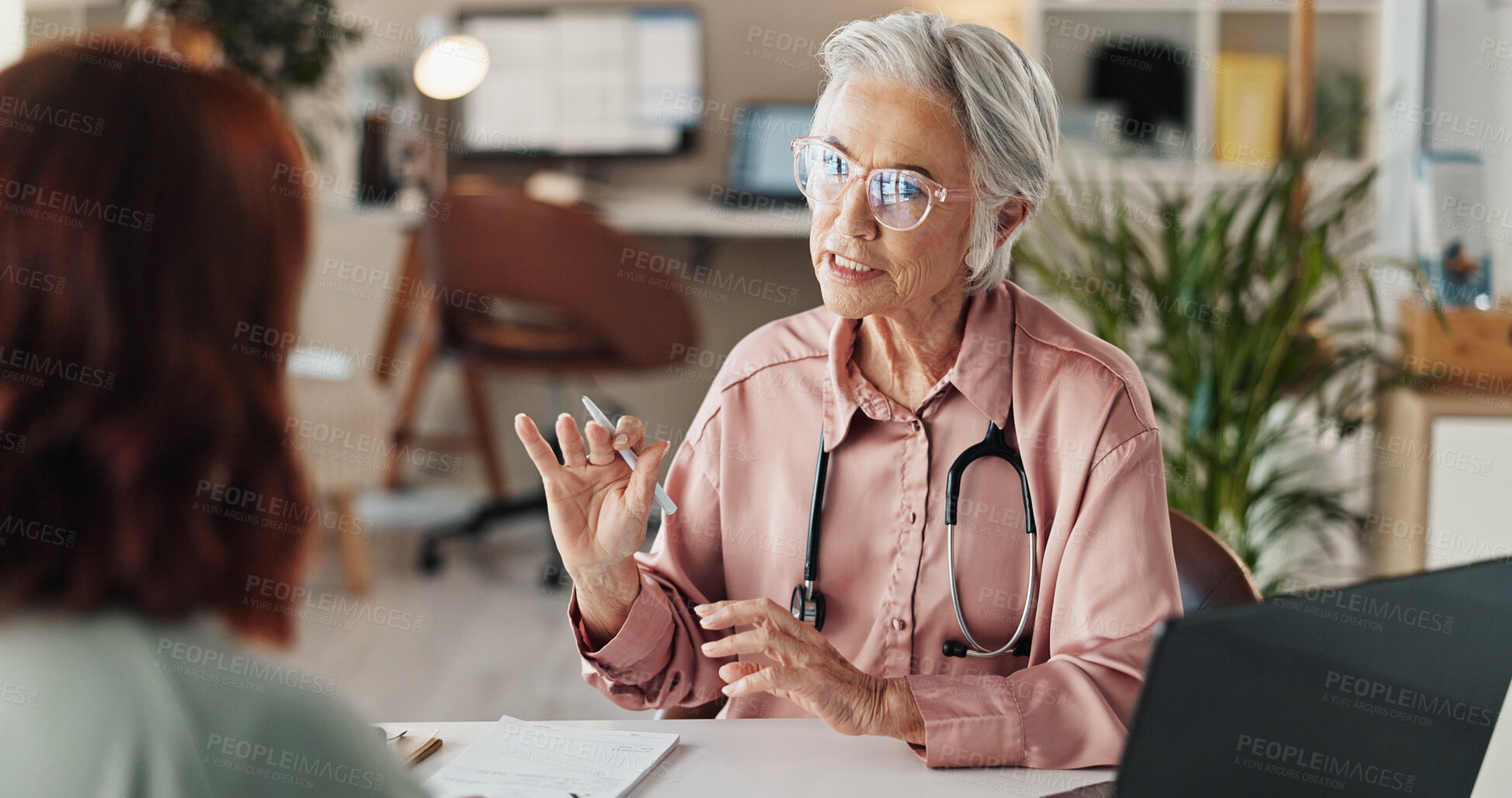 Buy stock photo Mature doctor, patient or speaking for prescription, results or notes for checkup, diagnosis or consulting. Female person, explain or healthcare worker talking for instructions or medical documents