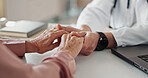 Support, holding hands and doctor with elderly patient for empathy, comfort and compassion. Healthcare, hospital and health worker with senior person for care with diagnosis, results and consulting