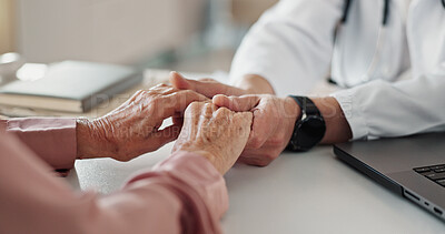 Buy stock photo Support, holding hands and doctor with elderly patient for empathy, comfort and compassion. Healthcare, hospital and health worker with senior person for care with diagnosis, results and consulting