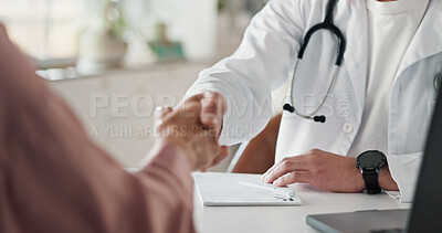 Buy stock photo Handshake, doctor and patient with healthcare, closeup and wellness with consultation. Medical, people and professional shaking hands, treatment and cure with results, thank you and support