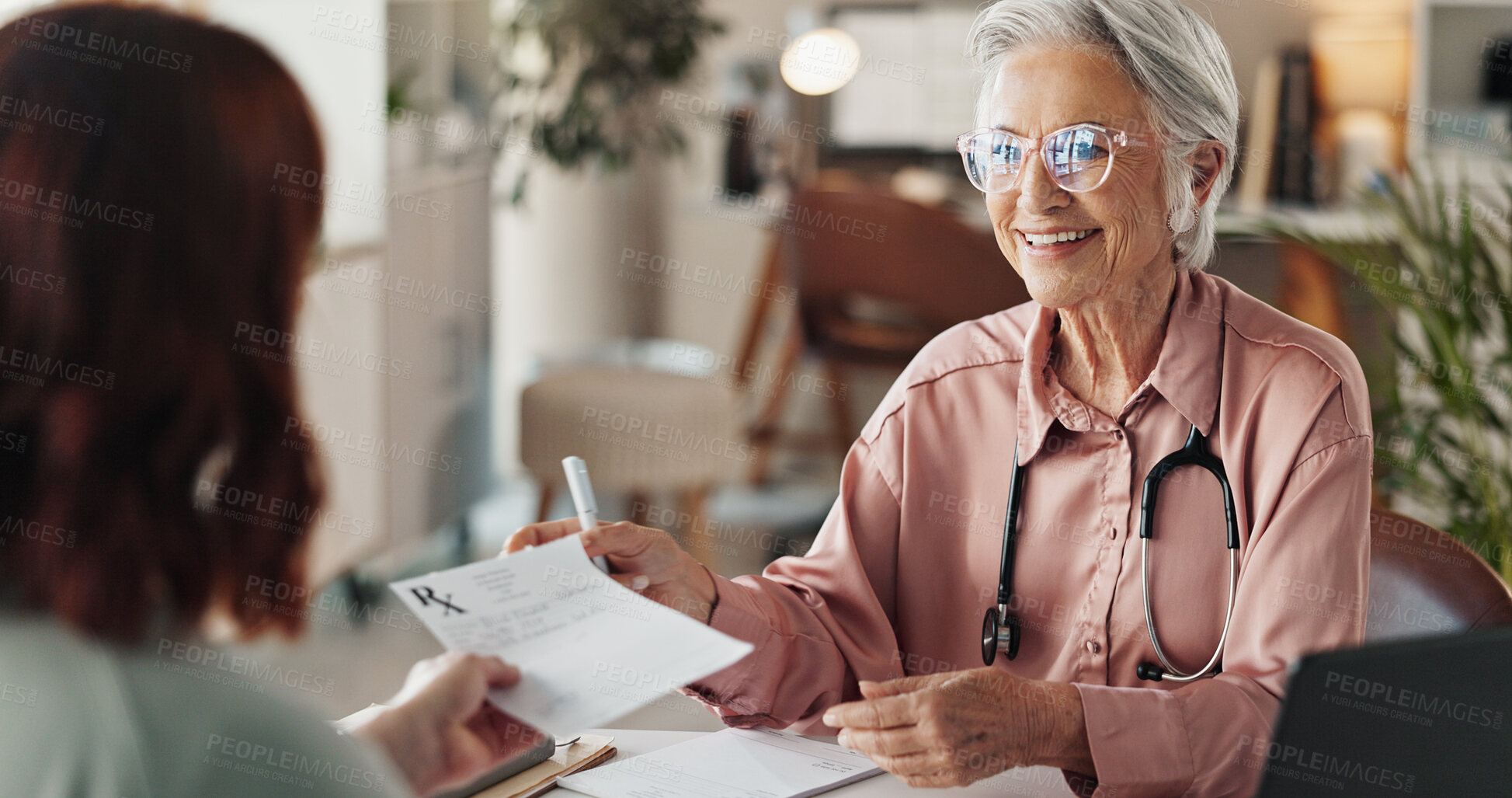 Buy stock photo Mature doctor, patient or giving prescription, notes or results for checkup, diagnosis or consulting. Female person, instruction advice or healthcare worker filling paperwork or medical documents