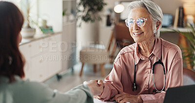 Buy stock photo Happy, healthcare or doctor shaking hands with patient in hospital for diagnosis, advice or feedback. Consulting, medicine or welcome with health professional, agreement support or wellness in clinic