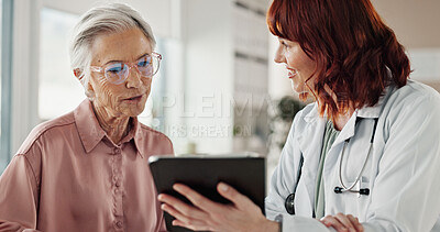 Buy stock photo Advice, old woman and doctor with tablet for results, consultation or healthcare discussion in office. Help, senior patient and medical professional on digital app for health, wellness and good news