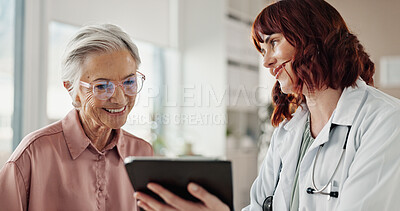 Buy stock photo Smile, old woman and doctor with tablet for good news, consultation or healthcare discussion in office. Advice, senior patient and medical professional on digital app for health, wellness and results