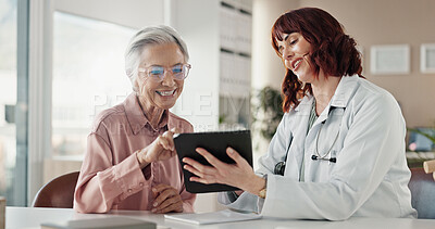 Buy stock photo Smile, old woman and doctor with tablet for results, consultation or healthcare discussion in office. Advice, senior patient and medical professional on digital app for health, wellness and good news