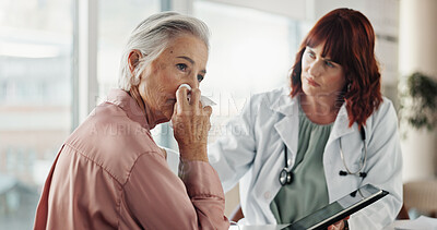 Buy stock photo Sad, old woman and doctor with tablet for results, consultation and support for cancer diagnosis in office. Crying, senior patient and medical professional with digital app for healthcare assessment