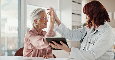 Buy stock photo High five, patient and doctor with tablet, support and healthcare with treatment, cure and smile. Elderly person, medical and professional in office, hand gesture and tech with diagnosis and wellness