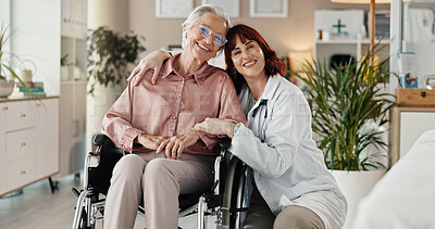 Buy stock photo Portrait, doctor and senior patient in wheelchair for support, recovery and wellness with smile. Hospital, women and elderly person with disability for rehabilitation, medical help and hug in clinic