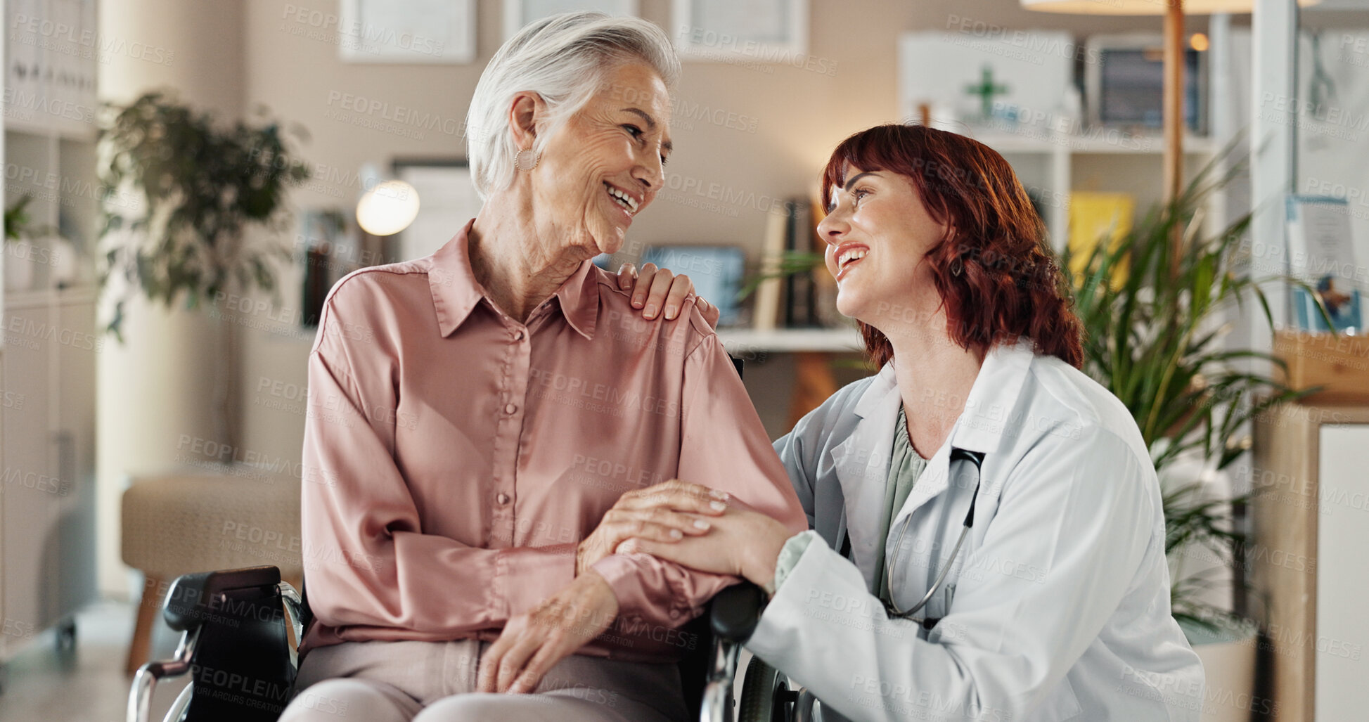 Buy stock photo Hospital, doctor and senior patient in wheelchair for support, recovery or wellness with smile. Healthcare, women or elderly person with disability for rehabilitation, medical help or happy in clinic