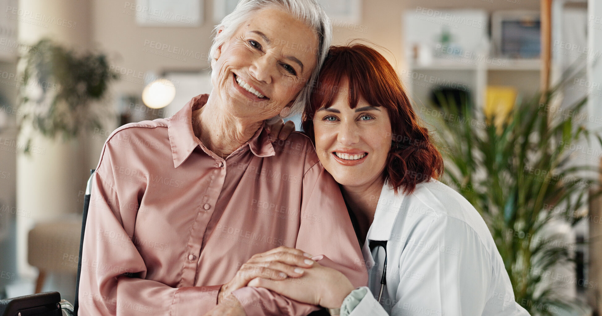 Buy stock photo Portrait, doctor and senior woman in wheelchair for support, recovery and wellness with smile. Hospital, surgeon or elderly person with disability for rehabilitation, medical help and trust in clinic