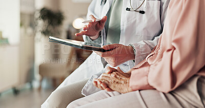 Buy stock photo Hands, patient and doctor with tablet, results and healthcare with neurosurgeon. Support, medical and elderly person in office, diagnosis and technology for treatment, consulting and professional