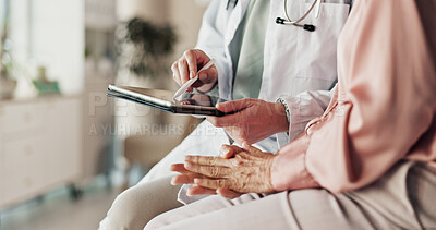 Buy stock photo Hands, patient and doctor with tablet, diagnosis and healthcare with neurosurgeon. Brain aneurysm, medical or old person in office, consulting or tech for treatment, dementia results or professional