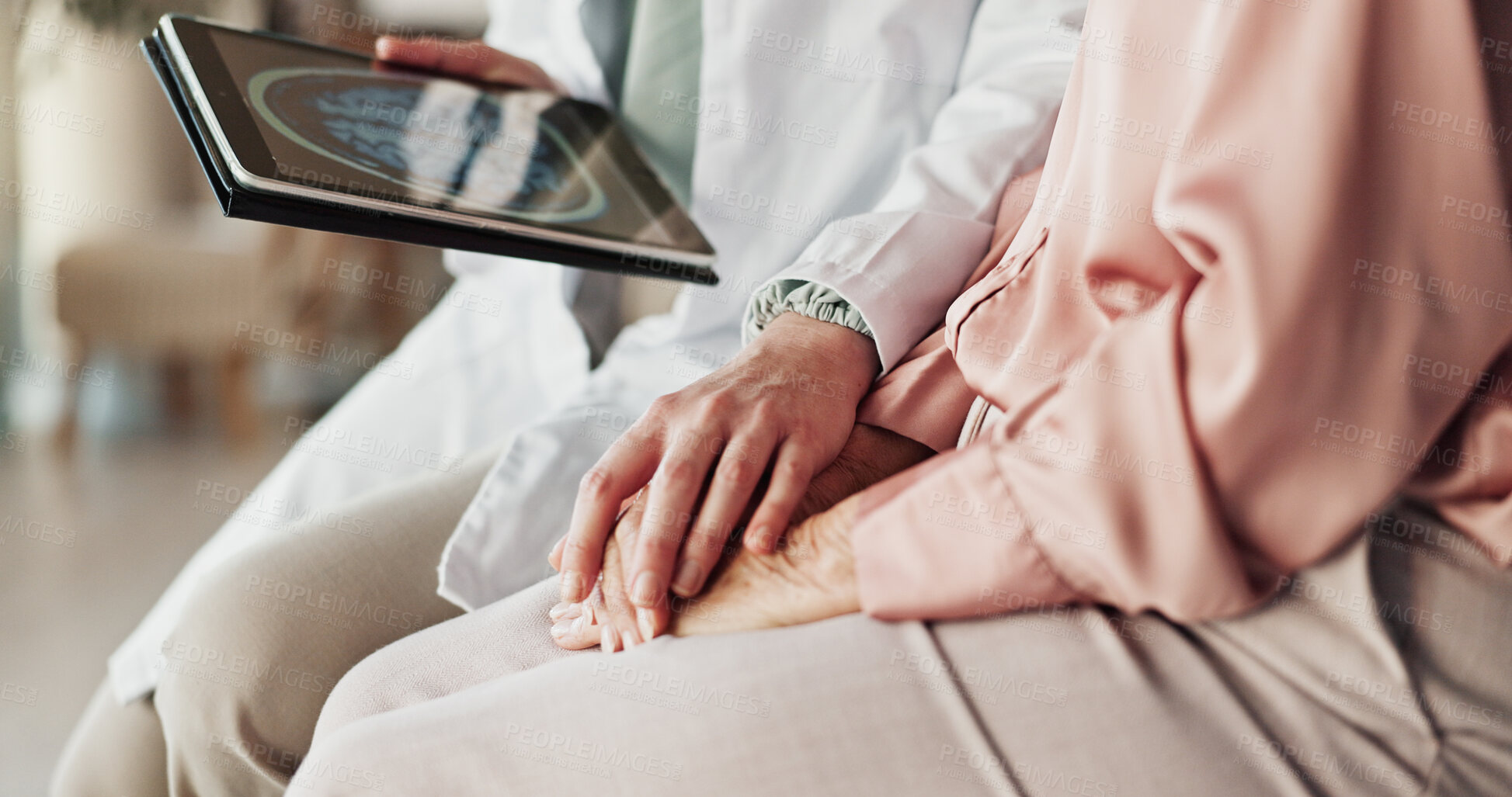 Buy stock photo Hands, patient and doctor with tablet, consulting and healthcare with neurosurgeon. Closeup, medical or elderly person in office, diagnosis or tech for treatment, screen and comfort with sympathy