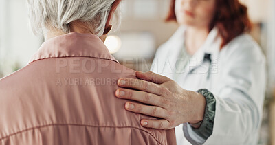 Buy stock photo Hand, patient and doctor with comfort, empathy and compassion with support, embrace and service. Help, medical and professional in hospital, senior person and sympathy with diagnosis and treatment