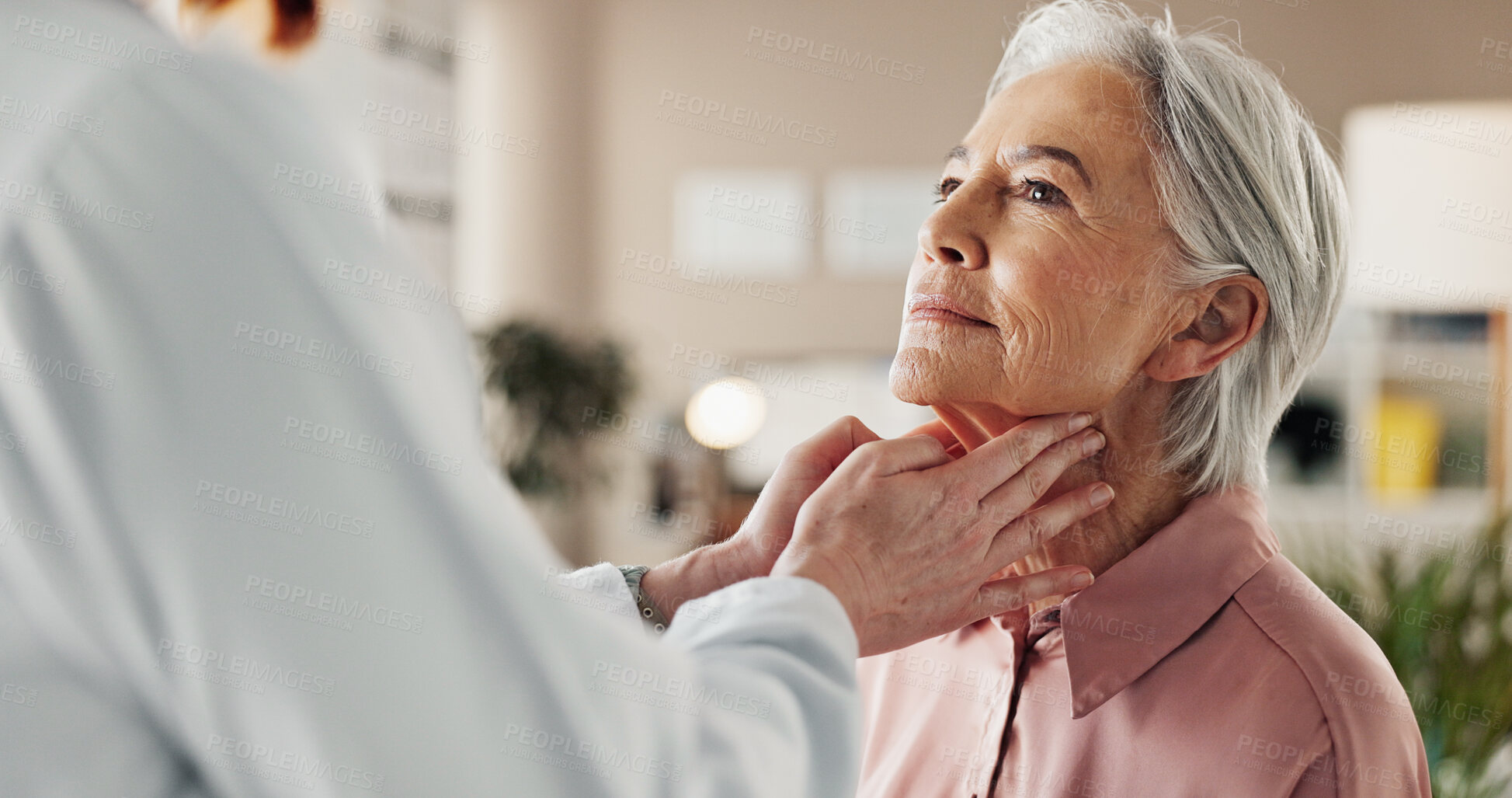 Buy stock photo Office, lymph and old woman in consultation with doctor for medical health at senior care clinic. Throat, neck and elderly patient with healthcare professional for cancer check up, advice or exam