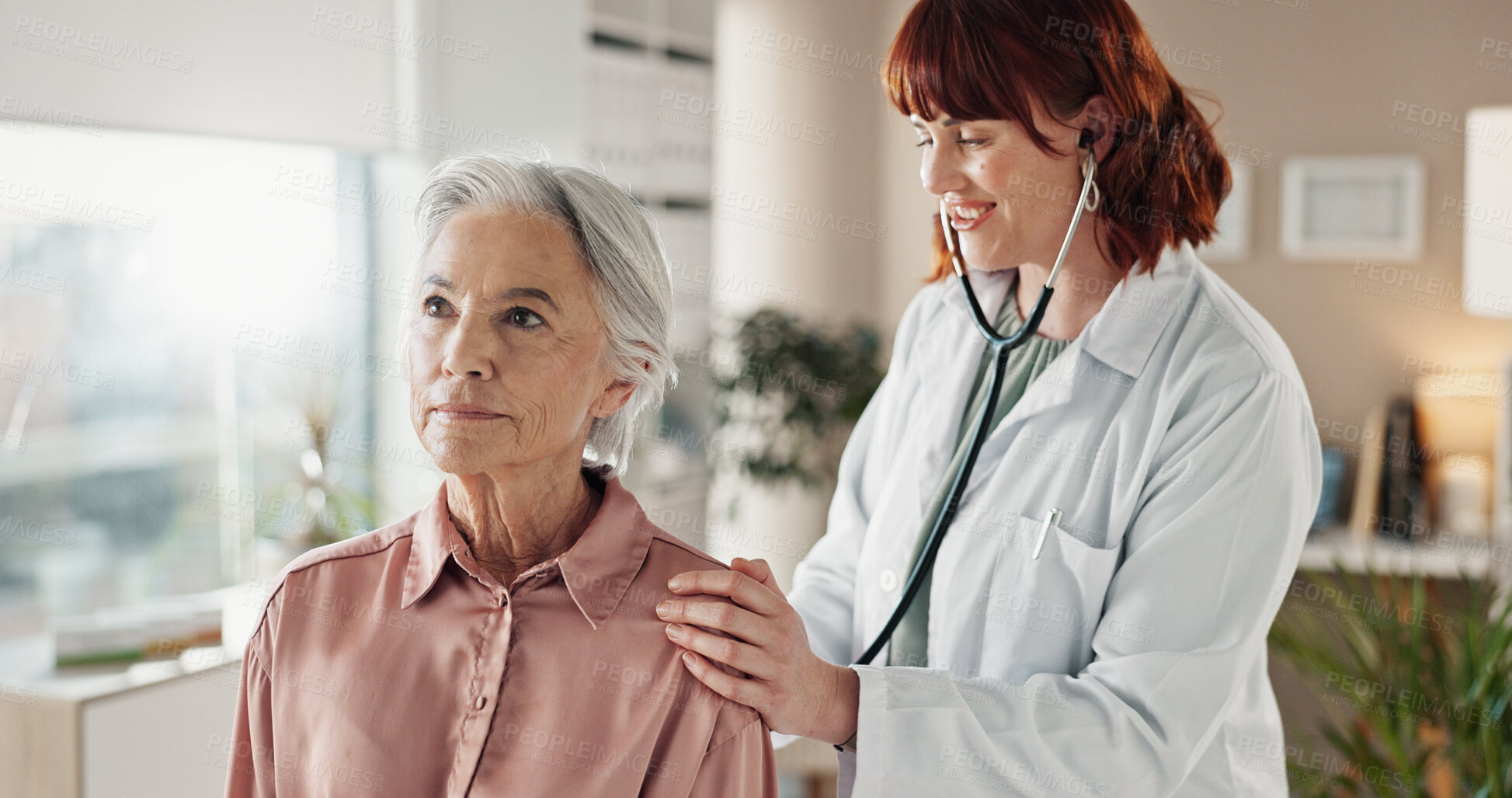 Buy stock photo Checkup, doctor and patient with stethoscope, healthcare and wellness with diagnosis. Senior person, medical and professional in office, equipment and treatment with support, service and consulting