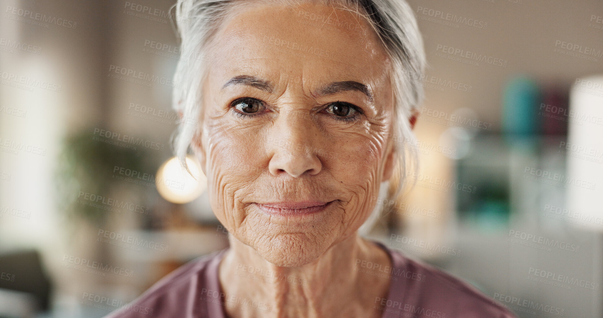 Buy stock photo Senior woman, portrait and smile with anti aging treatment, collagen facial results and microblading confidence. Beauty, face and cosmetics for wrinkles, skin hydration or dermatology with aesthetic