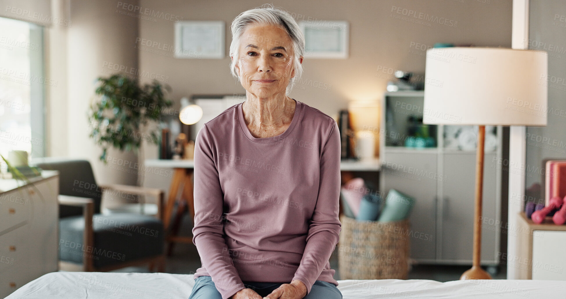 Buy stock photo Patient, portrait and senior woman in physiotherapy office for retirement, wellness or help on bed. Physical therapy, recovery and confident elderly female person in rehabilitation for clinic support
