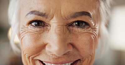 Buy stock photo Senior woman, closeup and smile with facial treatment, collagen results and microblading confidence. Beauty, anti aging and cosmetics for wrinkles, skin hydration or dermatology for aesthetic