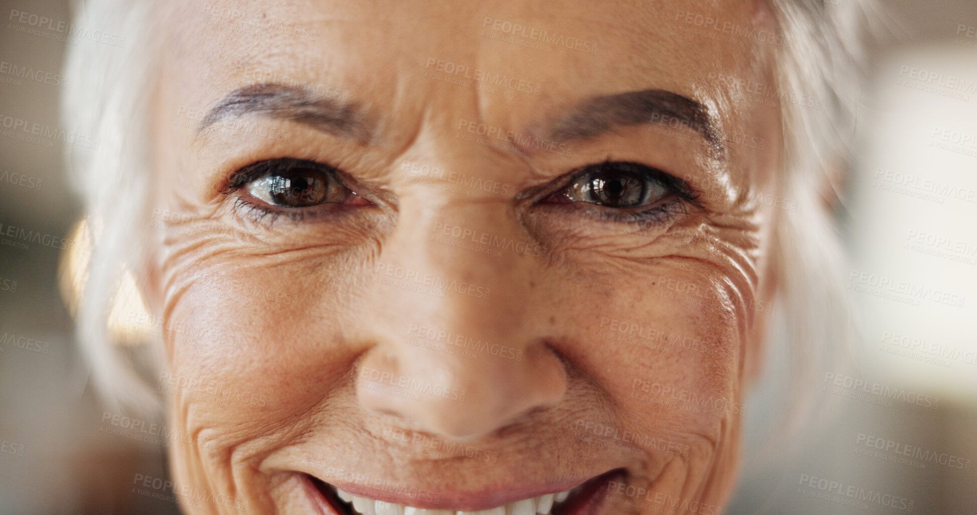 Buy stock photo Senior woman, closeup and smile with facial treatment, collagen results and microblading confidence. Beauty, anti aging and cosmetics for wrinkles, skin hydration or dermatology for aesthetic
