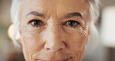 Buy stock photo Senior woman, portrait and eyes with anti aging treatment, collagen facial results and microblading confidence. Beauty, face and cosmetics for wrinkles, skin hydration or dermatology with aesthetic